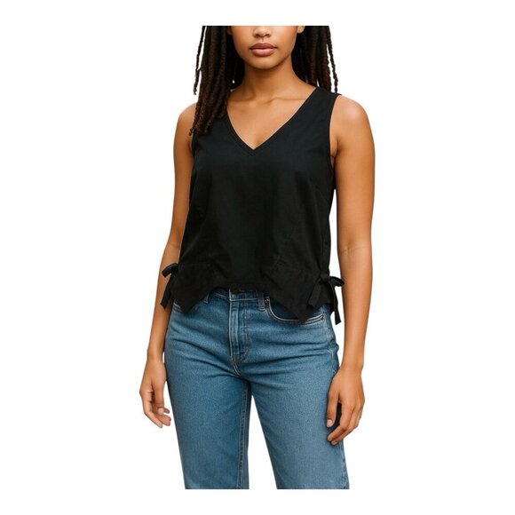 Terea By Andrea Pitter Vneck Sleeveless Black Blouse Small Hi Low Hem Bow Detail - Picture 1 of 7